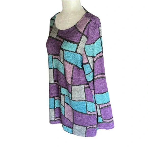 N Touch Purple Patchwork Pattern Tunic Knit Top Size XL - Picture 3 of 10